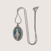 Vintage silver-tone Miraculous Medal pendant necklace with blue enamel background and 18-inch chain.