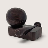 Vintage Hand Carved Wooden Baseball and Bat Figurine