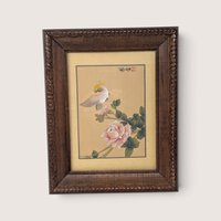 Vintage Asian Wood Framed Botanical Bird Art Prints Pair