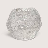 Vintage Kosta Boda Snowball textured art glass votive candle holder next to its original box.