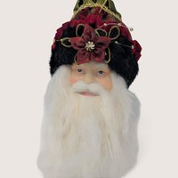 Vintage Santa Head Ornament Ornate Velvet Flower Hat