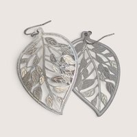 Vintage JC Penney silver-tone cutout leaf dangle earrings with intricate filigree texture.