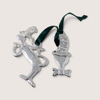Vintage Cat in the Hat Silver Plated Ornament Pair