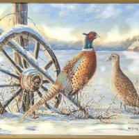 Original Vintage Martha Spear Pheasants Winter Painting Framed Art
