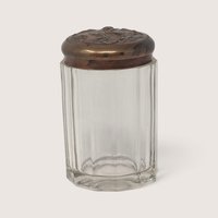 Vintage Faceted Glass Vanity Jar with Embossed Metal Lid 