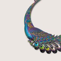 Vintage Rainbow Iridescent Metal Peacock Collar Bib Necklace