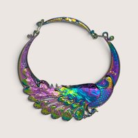 Vintage Rainbow Iridescent Metal Peacock Collar Bib Necklace