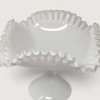 Vintage Milk Glass Pedestal Ruffled Bowl