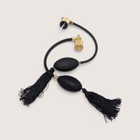A pair of vintage black woven perfume atomizer bulbs with decorative tassels, gold-tone collars, and cords.