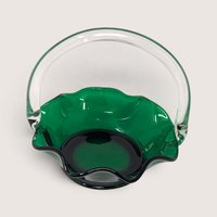 Vintage Green Glass Basket with Clear Applied Handle