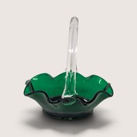 Vintage Green Glass Basket with Clear Applied Handle
