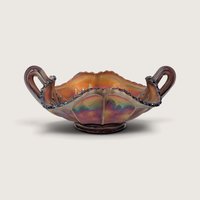 Antique Fenton Marigold Butterfly Carnival Glass Handled Bon Bon Dish
