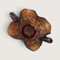 Antique Fenton Marigold Butterfly Carnival Glass Handled Bon Bon Dish