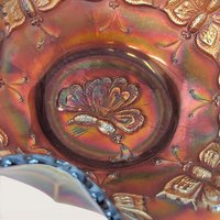 Antique Fenton Marigold Butterfly Carnival Glass Handled Bon Bon Dish