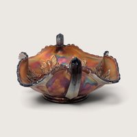 Antique Fenton Marigold Butterfly Carnival Glass Handled Bon Bon Dish