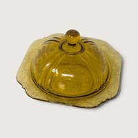 Vintage Yellow Glass Butter Dish Madrid Pattern Scroll Covered Dish