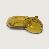 Vintage Yellow Glass Butter Dish Madrid Pattern Scroll Covered Dish