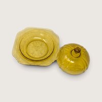 Vintage Yellow Glass Butter Dish Madrid Pattern Scroll Covered Dish