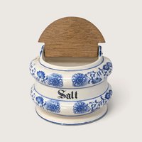 Vintage Blue and White Ceramic Wall Salt Bin with Wooden Lid