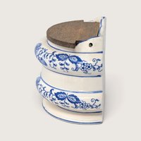 Vintage Blue and White Ceramic Wall Salt Bin with Wooden Lid
