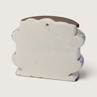 Vintage Blue and White Ceramic Wall Salt Bin with Wooden Lid