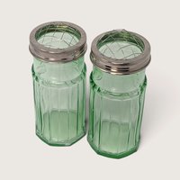 Vintage Pair of Green Glass Flower Frog Vases with Wire Lids