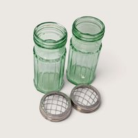 Vintage Pair of Green Glass Flower Frog Vases with Wire Lids