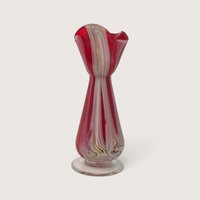 Vintage Red Swirl Glass Bud Vase Ruffled Rim Art Glass