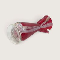 Vintage Red Swirl Glass Bud Vase Ruffled Rim Art Glass