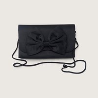 Vintage Milor black satin evening clutch purse with a large center bow and thin cord shoulder strap on a white background.   