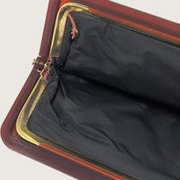 Vintage Red Silk Brocade Asian Motif Clutch Purse Amber Lucite Kiss Lock Frame