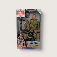 Vintage 1999 Hasbro GI Joe US Marine Dog Unit 12-inch action figure and dog packaged in original retail box on white backdrop.   