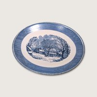 Vintage Royal China Currier and Ives blue transferware oval serving platter depicting Old Inn Winter scene on white backdrop.   