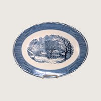 Vintage Royal China Currier and Ives blue transferware oval serving platter depicting Old Inn Winter scene on white backdrop.   