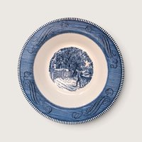 Vintage Royal China Currier and Ives blue transferware round vegetable serving bowl featuring the Home Sweet Home scene on a white backdrop.   