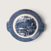 Vintage Royal China Currier and Ives blue transferware tab-handled cake plate featuring The Rocky Mountains pioneer scene.   