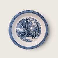 Vintage Royal China Currier and Ives blue transferware ceramic pie plate depicting A Snowy Morning winter farm scene on white backdrop.   