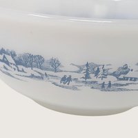 Vintage Glasbake Currier and Ives Milk Glass Round Casserole Serving Dish 