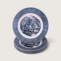 Set of 5 vintage Royal China Currier and Ives blue transferware 10-inch dinner plates stacked showing The Old Grist Mill on white backdrop.   