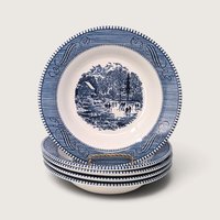 Vintage set of five Royal Currier and Ives blue and white transferware bowls featuring an Early Winter ice skating pond scene.   