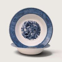 Vintage pair of Royal Currier and Ives blue and white transferware serving bowls featuring the Maple Sugaring scene.   