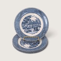 Vintage set of four Currier and Ives blue and white transferware bread and butter plates featuring the Harvest farming scene.   