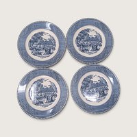 Vintage Currier and Ives Blue Bread Butter Plates Set of 4 Harvest