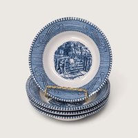 Vintage set of four Currier and Ives blue and white transferware berry bowls featuring The Old Farm Gate children scene.   