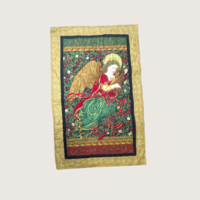 Vintage quilted Christmas wall hanging featuring a golden-winged Renaissance angel playing a lute with shimmering gold borders.   