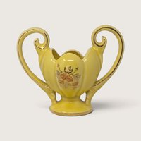 Vintage bright yellow ceramic double-handled planter vase with scalloped rim, 22kt gold trim, and floral motif.   