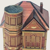 Vintage Straw Marquetry Wood Victorian House Trinket Box 2 Drawer