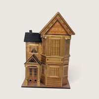 Vintage handcrafted straw marquetry wooden trinket box shaped like a peaked roof Victorian house with gables and porch.   