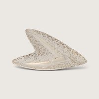 Vintage 1950s Shawnee pottery atomic boomerang-shaped ashtray in off-white glaze with metallic gold splatter.   