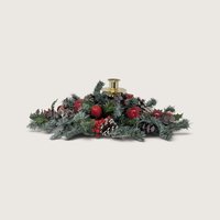 Vintage Home Interiors holiday candle centerpiece with brass taper cup surrounded by frosted pine boughs and red apples.   